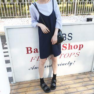 Set: Pinstriped 3/4 Sleeve Top + Plain Spaghetti Strap Dress