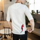 Elbow-sleeve Fish Embroidered T-shirt