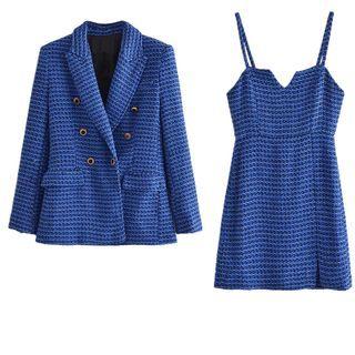 Double-breasted Tweed Jacket / Spaghetti-strap Mini A-line Dress