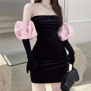 Set: Puff-sleeve Mini Dress + Arm Sleeves