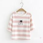 Short-sleeve Cat Print Striped T-shirt
