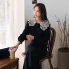 Set: Laced Collar Top + Ruffle-hem Midi Skirt Black - One Size
