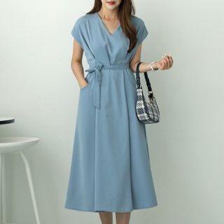 V-neck Pocket-side Long Dress With Sash