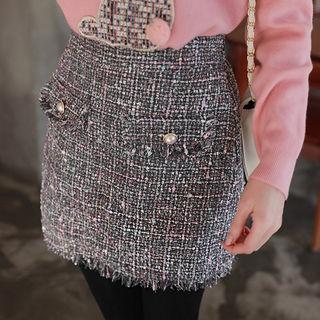 Flap-detail Fringed Tweed Miniskirt Gray - One Size