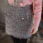 Flap-detail Fringed Tweed Miniskirt Gray - One Size