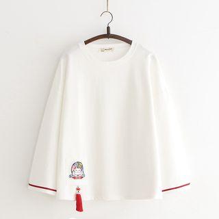 Cat Embroidered Tasseled Long-sleeve T-shirt