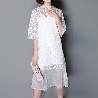 Set: Elbow-sleeve Lace A-line Dress + Slipdress