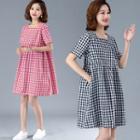 Short-sleeve Checked Square-neck A-line Dress