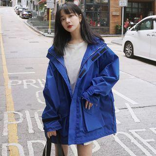 Stand Collar Cargo Hooded Zip Trench Jacket