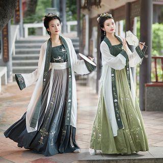 Set Of 3: Embroidered Hanfu Long Light Jacket + Camisole + Embroidered Maxi Skirt