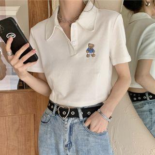 Short-sleeve Collar Bear Embroidered T-shirt