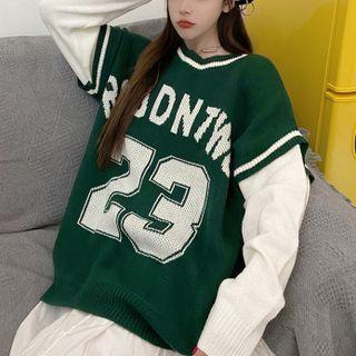 Mock Two-piece Two-tone Lettering Panel Sweater