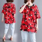 Dog Print Elbow-sleeve T-shirt Red - One Size