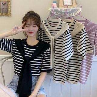 Set: Elbow-sleeve Striped Knit Top + Scarf