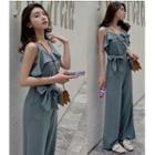 Spaghetti Strap Ruffle-trim Wide-leg Jumpsuit