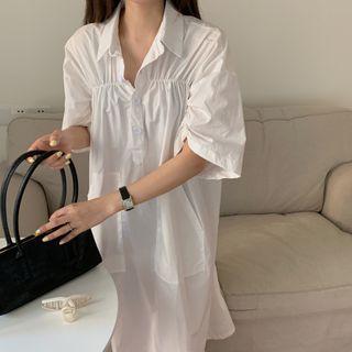 Elbow-sleeve Drawstring Midi Shirtdress White - One Size