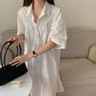 Elbow-sleeve Drawstring Midi Shirtdress White - One Size