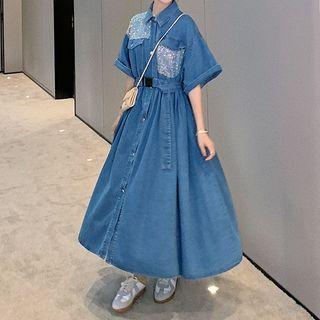 Short Sleeve Buckled-waist Sequined Denim A-line Shirtdress