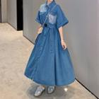 Short Sleeve Buckled-waist Sequined Denim A-line Shirtdress