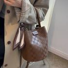 Set: Check Faux Leather Bucket Crossbody Bag + Pouch