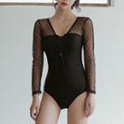 Long-sleeve Polka Dot Mesh Panel Lace-up Swimsuit