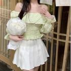 Puff-sleeve Off Shoulder Plain Ruffle Trim Crop Top Green - One Size