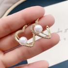 Faux Pearl Rhinestone Heart Earring 1 Pair - Gold & White - One Size