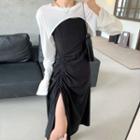 Long-sleeve Crop Top / Spaghetti Strap Drawstring Slit Midi A-line Dress