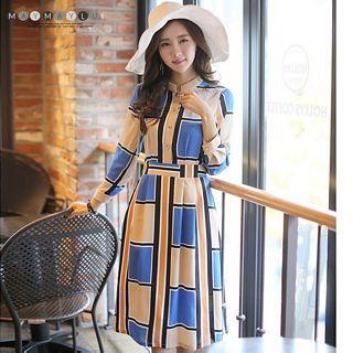 Long-sleeve Color Block Chiffon Dress