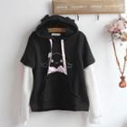 Mock Two-piece Dog Embroidered Bow Accent Hoodie Black - One Size