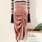Shirred Midi Velvet Pencil Skirt