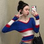 Long-sleeve Color-panel Knit Top Blue - One Size