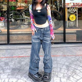 Low Rise Wide Leg Washed Jeans