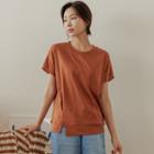 Button-trim Slit-hem T-shirt