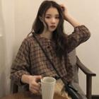 3/4-sleeve Plaid Blouse Coffee Brown - One Size