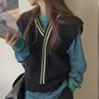 V-neck Striped Sweater Vest Vest - One Size