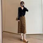 Long-sleeve V-neck Top / Floral Print Midi A-line Skirt / Set