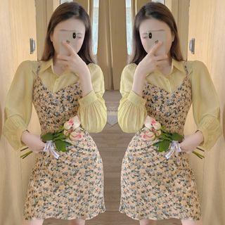Spaghetti Strap Floral Print Mini A-line Dress / Long-sleeve Shirt