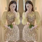 Spaghetti Strap Floral Print Mini A-line Dress / Long-sleeve Shirt