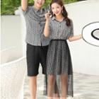 Couple Matching Set: Plaid Short-sleeve Shirt Dress + Midi Mesh Skirt / Plaid Short-sleeve Shirt / Plain Shorts