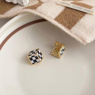 Cube Checker Alloy Dangle Earring 1 Pair - S925 Silver - Check - Black & White - One Size