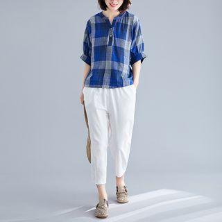 Set: Plaid 3/4-sleeve Blouse + Cropped Straight-cut Pants