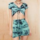 Set: Short-sleeve Drawstring Print Cropped Top + Mini Skirt