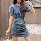 Balloon-sleeve Denim Sheath Dress