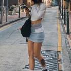 Cropped Long-sleeve Plain Top + Plain Single-breasted Short Skirt