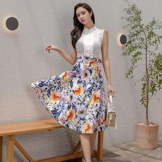 Set: Sleeveless Mock-neck Blouse + Floral Print Midi A-line Skirt