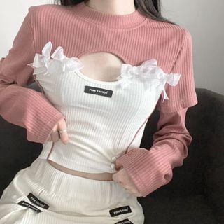 Short-sleeve Two-tone T-shirt / Arm Sleeves / A-line Skirt / Set