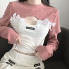 Short-sleeve Two-tone T-shirt / Arm Sleeves / A-line Skirt / Set