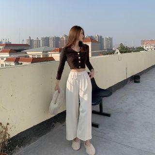 Long-sleeve Button-up T-shirt / Wide-leg Pants