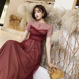 Short-sleeve Striped Mesh Overlay Midi A-line Dress